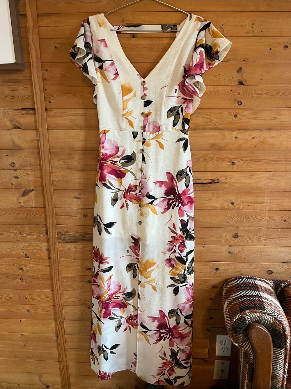 White Floral V-Neck Maxi Dress with Pink & Yellow Blooms